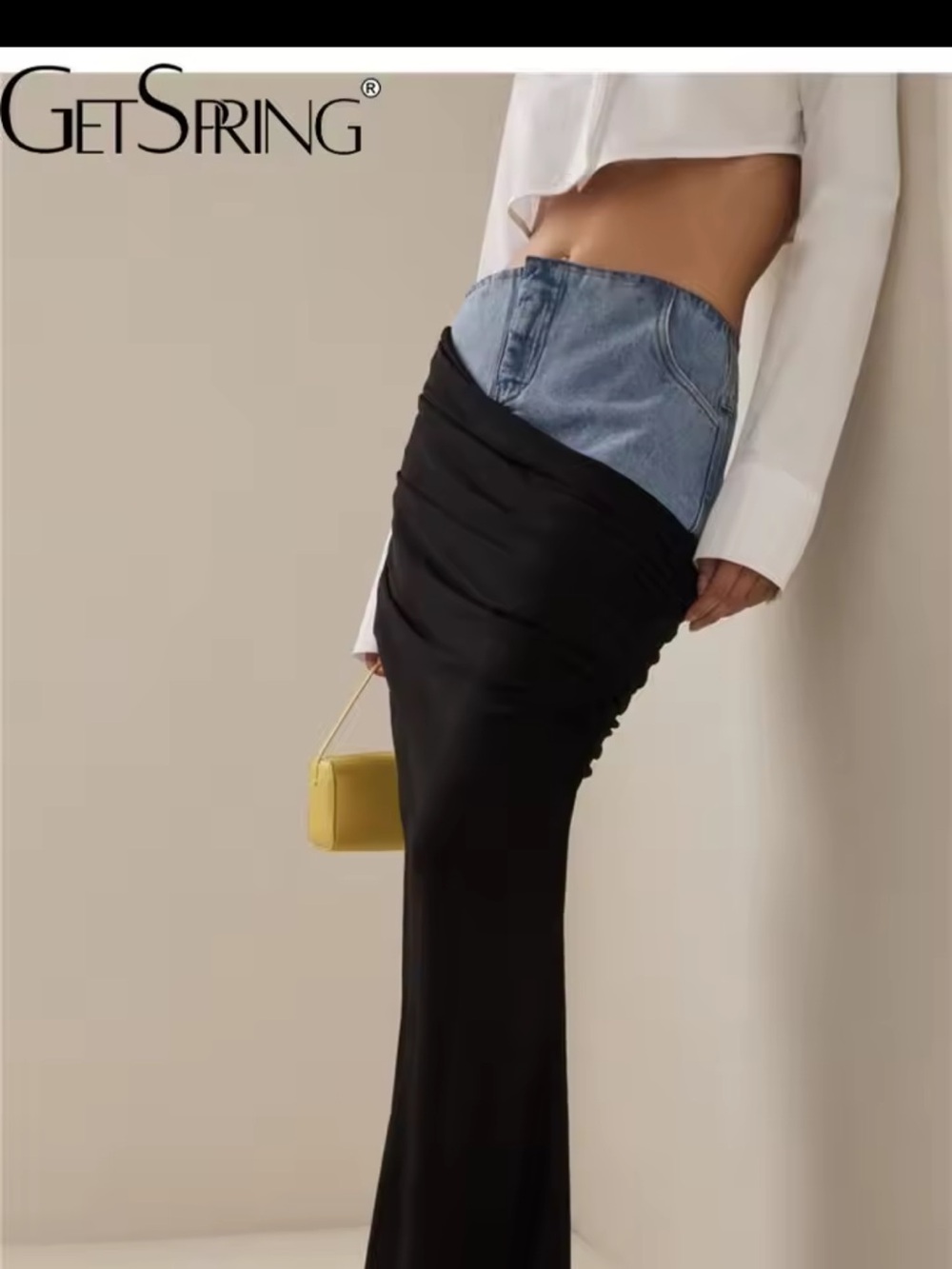 GetSpring Black Ruched High-Waist Pencil Maxi Skirt